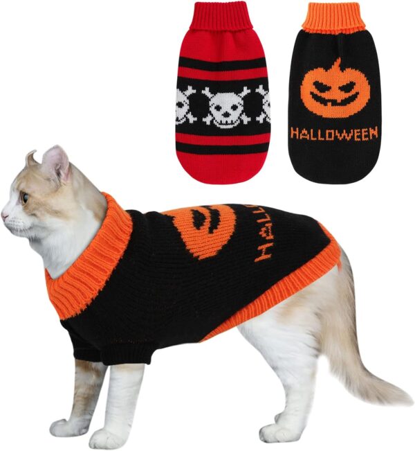 2 Packs Halloween Cat Sweater Turtleneck Knitted Pumpkin Sweaters for Cats Only Kitten Kitty Skull Sweater Warm Winter Knit Pullover Knitwear Puppy Small Dogs