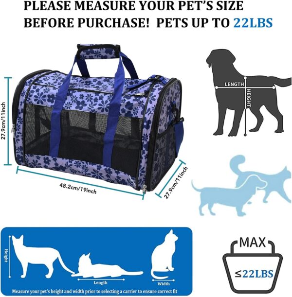 Soft-Sided Kennel Pet Carrier for Small Dogs, Cats, Puppy, Airline Approved Cat Carriers Dog Carrier Collapsible, Travel Handbag & Car Seat (Large: 19" x 11" x 11", Floral Print Blue) - Image 3