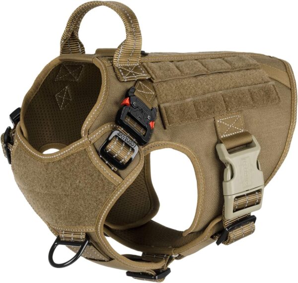 ICEFANG Tactical Dog Harness,2X Metal Buckle,Working Dog MOLLE Vest with Handle,No Pulling Front Leash Clip,Hook and Loop Panel (Medium (Pack of 1), Reflective Brown)