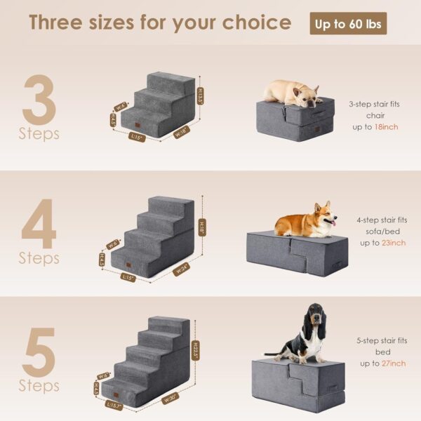 EHEYCIGA Dog Stairs for Small Dogs 13.5" H, 3-Step Dog Steps for Couch Sofa and Chair, Pet Steps for Small Dogs and Cats, Non-Slip Balanced Dog Indoor Ramp, Grey - Image 2