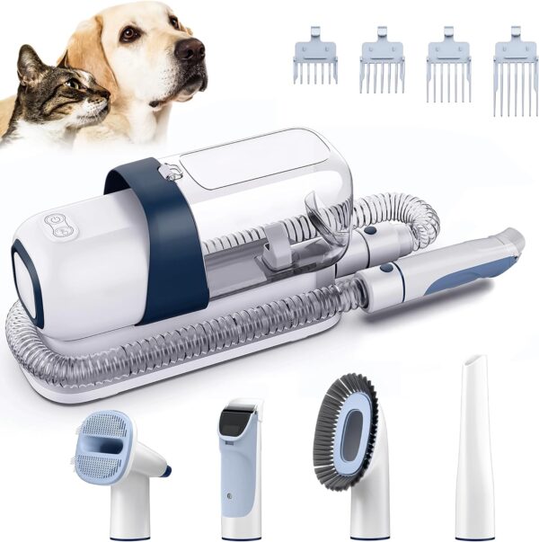 Pet Grooming Kit, Dog Grooming Clippers with 2.3L Vacuum Suction 99% Pet Hair, Pet Grooming Vacuum Low Noise with 5 Pet Grooming Tools and 4 Clipper Guards for Dogs Cats (Blue & White)