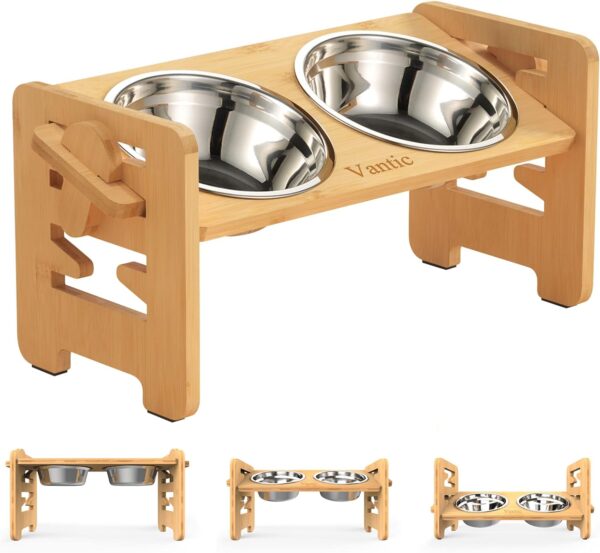 Vantic Elevated Dog Bowls-Adjustable Raised Dog Bowls with Stand for Small Size Dogs and Cats, Sturdy Bamboo Dog Feeder with 2 Stainless Steel Bowls and Non-Slip Feet