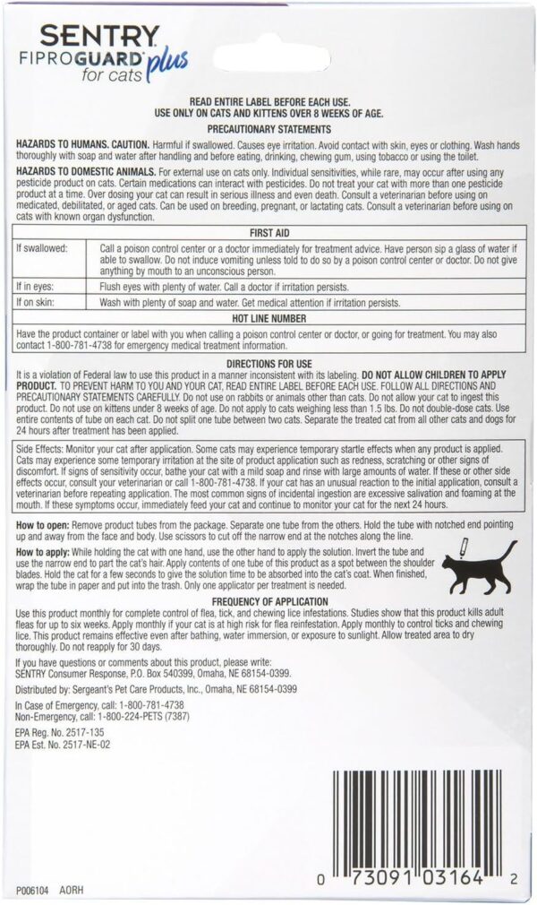 SENTRY Fiproguard Plus for Cats, Flea and Tick Prevention for Cats (1.5 Pounds and Over), Includes 3 Month Supply of Topical Flea Treatments - Image 7