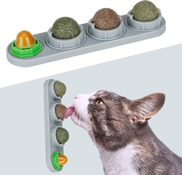 Catnip Ball for Cats Wall, 4 Pack, Silvervine Balls, Edible Toys, Lick Safe Healthy Kitten Chew & Teeth Cleaning Dental Toys, Wall Treats (Grey)