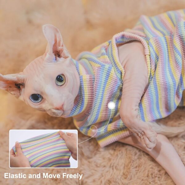 Sphynx Hairless Cats Shirt Rainbow Stripe Kitten T-Shirts with Sleeves, Cat Turtleneck Stretchy Cat Sweater, Pullover Cat Pajamas Jumpsuit, Round Collar Vest for Sphynx, Devon, Cornish Cat Clothes - Image 2