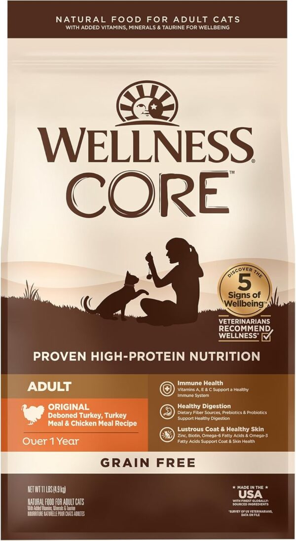 Wellness CORE High Protein Grain-Free Adult Dry Cat Food, Original Formula Turkey, Turkey Meal & Chicken Recipe, 11 Pound Bag