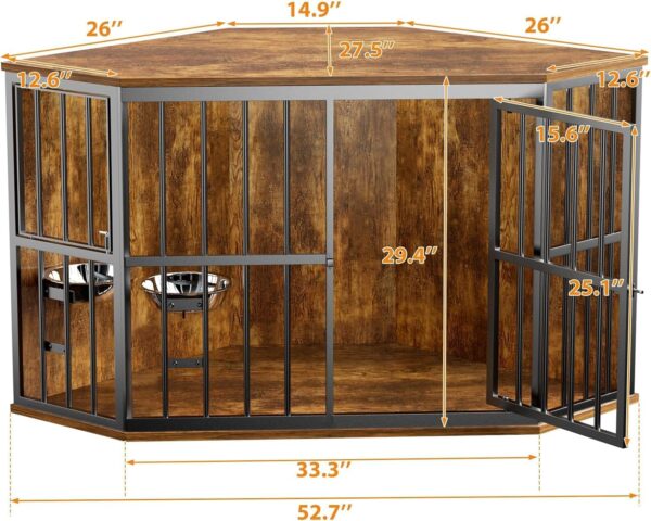 ROOMTEC 53 inch Furniture Dog Crate Corner, Dog Kennel Corner Wooden End Table with Bowl, Indoor Pet Crates Corner Side Table for Dogs, Wide Top Perfect for Limited Room