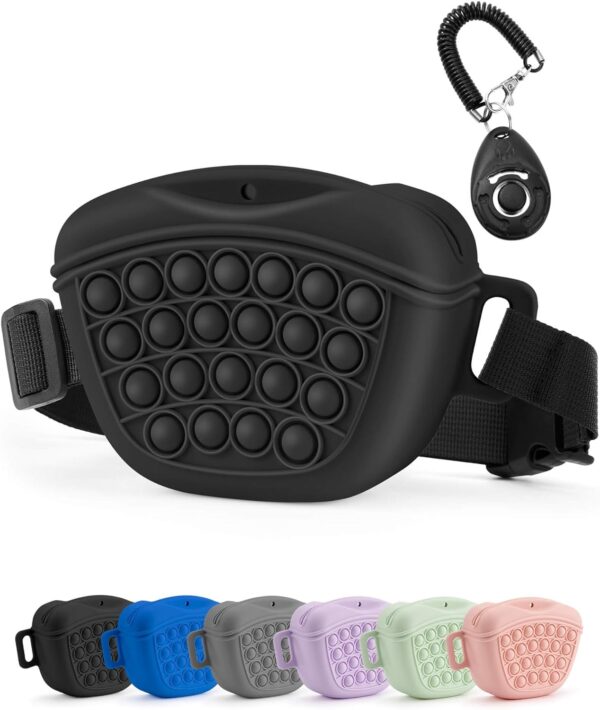 Dog Treat Pouch with Training Clicker 2.0-Upgrade Stronger Magnetic Closure to Avoid Spilling, 1.67 Cup Silicone Treat Bag Fanny Pack with Waist Belt for Pet Training Walking (Black)