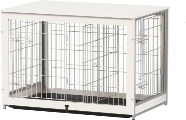 Piskyet Wooden Dog Crate Furniture with Divider Panel, Dog Crate End Table with Fixable Slide Tray, Double Doors Dog Kennel Indoor for Dogs(L:37.8" L*25.1" W*26.3" H,White)