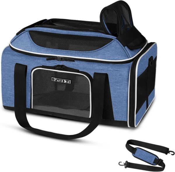 Top-Expandable Pet Carrier 17x12x8.5 Inches JetBlue Frontier Spirit Airline Approved, Soft-Sided Carrier for Small Cats and Dogs with Locking Safety Zippers and Anti-Scratch Mesh(Blue)