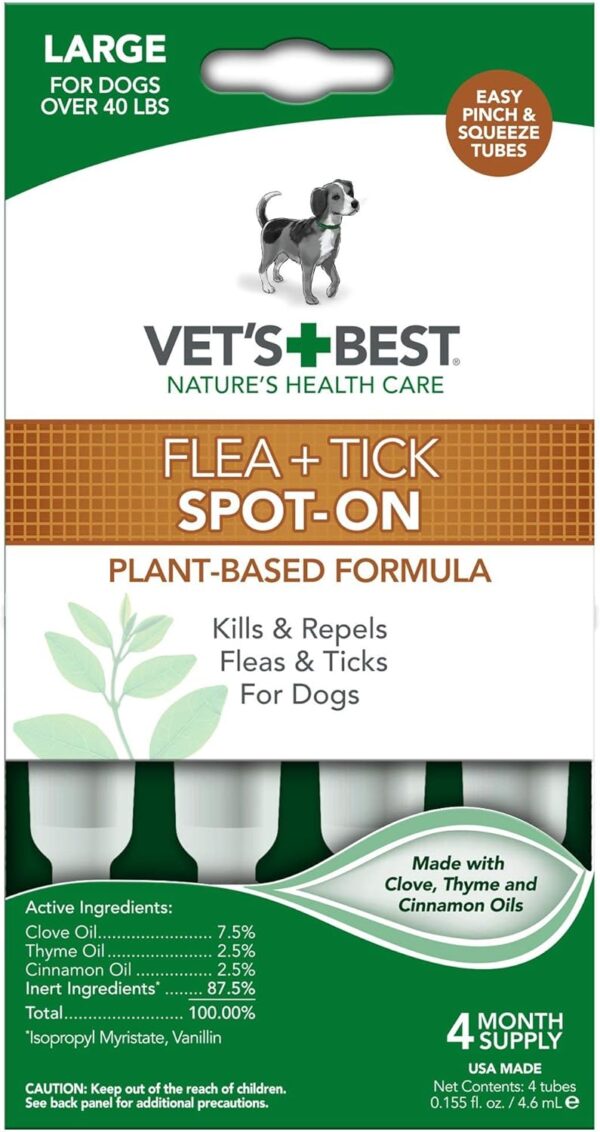 Vet's Best Flea and Tick Spot-on Drops, Topical Flea and Tick Prevention for Dogs - Plant-Based Formula - Certified Natural Oils - for Large Dogs - 4 Month Supply