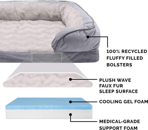 Furhaven Cooling Gel Dog Bed for Large Dogs w/ Removable Bolsters & Washable Cover, For Dogs Up to 95 lbs - Plush & Velvet Waves Perfect Comfort Sofa - Granite Gray, Jumbo/XL, 40.0"L x 32.0"W x 9.5"Th - Image 5