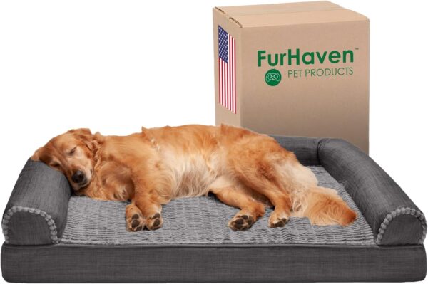 Furhaven Orthopedic Dog Bed for Large Dogs w/ Removable Bolsters & Washable Cover, For Dogs Up to 95 lbs - Luxe Faux Fur & Performance Linen Sofa - Charcoal, Jumbo/XL