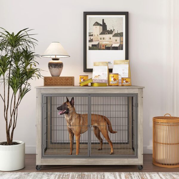 IchbinGo Dog Crate Furniture, Wooden Dog Crate Table, 43.7" Dog Kennel with 3 Doors, Flip-up Top Opening and Wheels, Decorative Pet Crate House for Large/Medium/Small Dog Indoor Use(Rustic Grey)