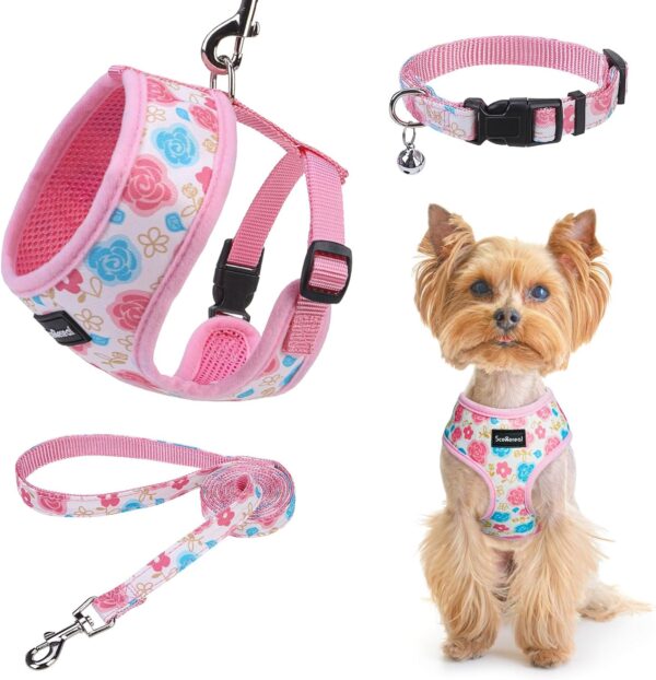 SCENEREAL Small Dog Harness Collar and Leash Set, Adjustable No Pull Pet Harnesses, No Chock Soft Mesh Step in Vest for Doggie Puppy Medium Dogs Cats Girl or Boy,Chihuahua, Yorkie, Outdoor Walking