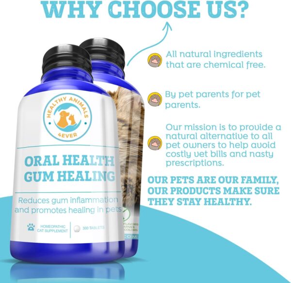 Healthy Animals 4 Ever Oral Health Gum Healing for Cats - Relieves Inflammation, Soothes Pain, Fights Gum Disease - Natural, Non-GMO, Organic - Gluten, Preservative & Chemical Free Supplement - 300 ct - Image 3