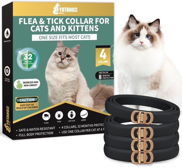 4 Pack Flea Collar for Cats, 32 Months Cat Flea Collars, Adjustable Flea and Tick Prevention for Cats, WaterProof Flea and Tick Collar Cats -Black