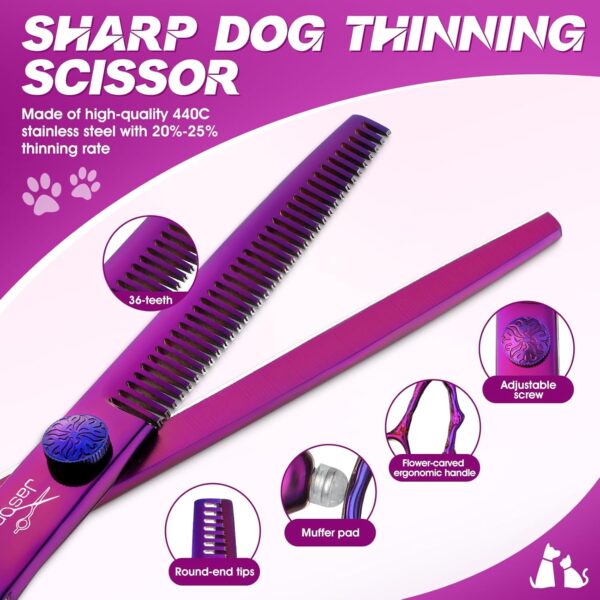 JASON Dog Grooming Scissors Set - Professional 6 in 1 Dog Shears Kit - 6.5" Thinning, 7" Straight, 7" Up-Curved, 7" Down-curved Scissors and Comb for Dog Cat Pet with Adjustable Screw (Purple) - Image 2