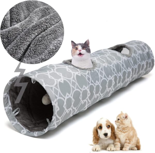 LUCKITTY Geometric Straight Cat Tunnel with Plush Inside,Cats Toys Collapsible Tunnel Tube with Balls, for Rabbits, Kittens, Ferrets,Puppy and Dogs, Diameter 9.8 Inch