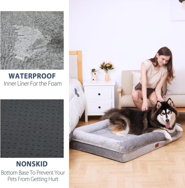 Large Dog Bed, Grey Orthopedic Dog Bed, Waterproof Dog Bed with Removable Cover, 4-Sides Removable Bolster Dog Soft Sofa Bed with Nonskid Bottom, Washable Dog Beds for Large Dogs - Image 5