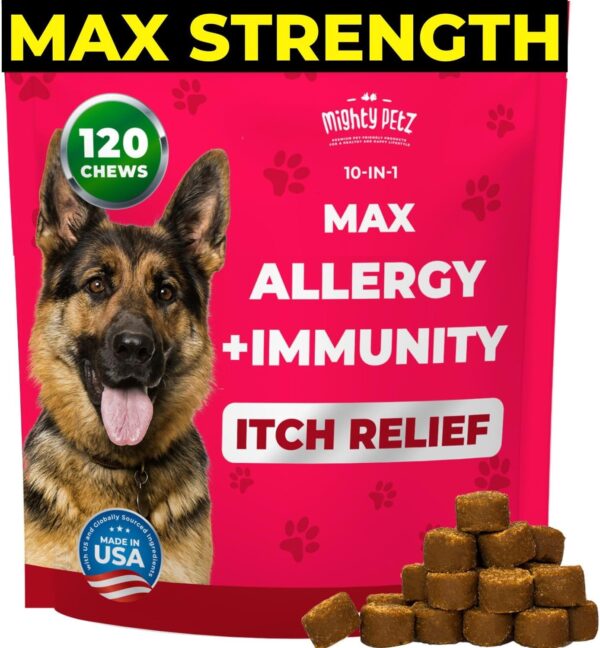 Mighty Petz MAX Dog Allergy Relief Chews - Itch Relief for Dogs. Dog Allergy Chews, Seasonal Allergies, Dog Itchy Skin & Immune Support Supplement. Colostrum & Probiotics