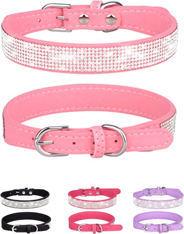 Dog Collar for Small Dogs, Adjustable Leather Suede Bling Dog Collars，Pink Dog Collar Cat Collar, Rhinestone Dog Collar(S, Pink)