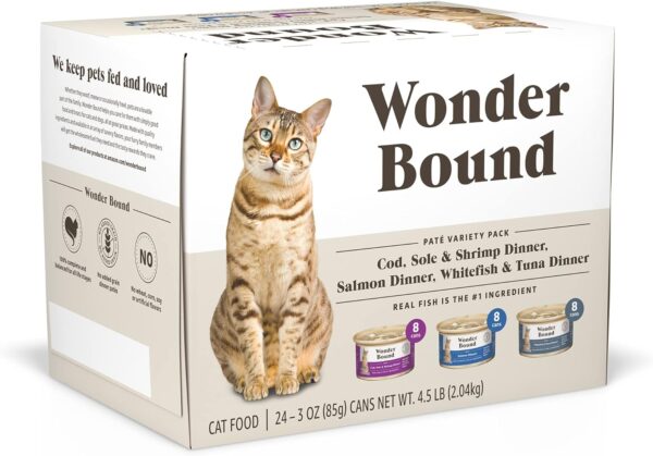 Amazon Brand - Wonder Bound Wet Cat Food, Pate, No Added Grain, Variety Pack (Cod, Sole & Shrimp, Salmon, White Fish & Tuna), 3 ounce (Pack of 24)