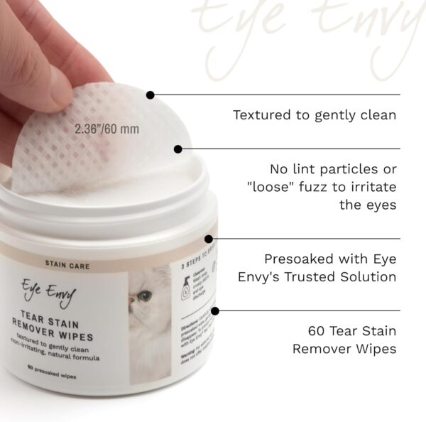 Eye Envy Tear Stain Wipes for Cats | Textured to Gently Clean, Treats The Cause of Staining | 100% Natural Formula | Recommended by Persian & Exotic Breeders, Vets, Groomers | 60 Ct - Image 6