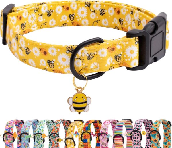 Faygarsle Dog Collar for Small Medium Large Dogs Yellow Puppy Collars for Female Dogs Floral Bee Daisy Patterned Pet Collars for Summer Spring Wedding Puppy Girl Dog Collar L