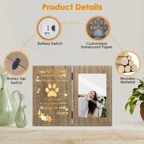 Pet Memorial Gifts for Dogs, LED Light up Dog Memorial Gifts for Loss of Dog, Pet Sympathy Gift for Family, Friend, Wooden Brown Dog Picture Frame for Tabletop - Image 3