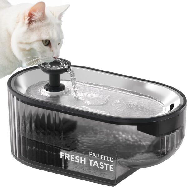 Cat Water Fountain, 84oz/2.5L Automatic Pet Water Fountain Dog Water Dispenser with a Stainless Steel Tray, Easy Cleaning for Cats, Dogs, LED Light - Black