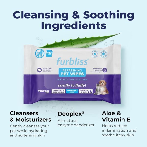 Vetnique Labs Furbliss Hygienic Pet Wipes for Dogs & Cats, Cleansing Grooming & Deodorizing Hypoallergenic Thick Wipes with All Natural Deoplex Deodorizer (Refreshing Scent, 100ct Pouch) - Image 4