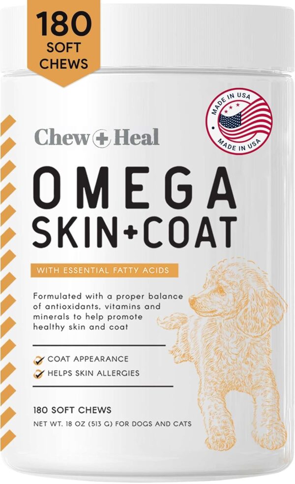 Salmon Oil for Dogs - 180 Soft Chew Omega Treats for Skin and Coat - Fish Oil Blend of Essential Fatty Acids, Omega 3 and 6, Vitamins, Antioxidants and Minerals - Made in USA