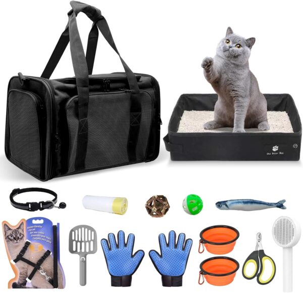 Soft-Sided Cat Carrier with Litter Box, Cat Travel Bag Kit, Airline Approved Pet Carrier Fit for Up to 20Lbs Small Medium Pets Cat Kitten Dog Puppy, Cat Essentials for Outdoor