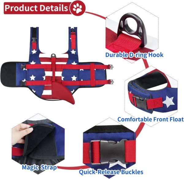 Malier Dog Life Jacket, High Buoyancy Shark Swimsuit, Ripstop American Flag, Medium, Red & Dark Blue - Image 3