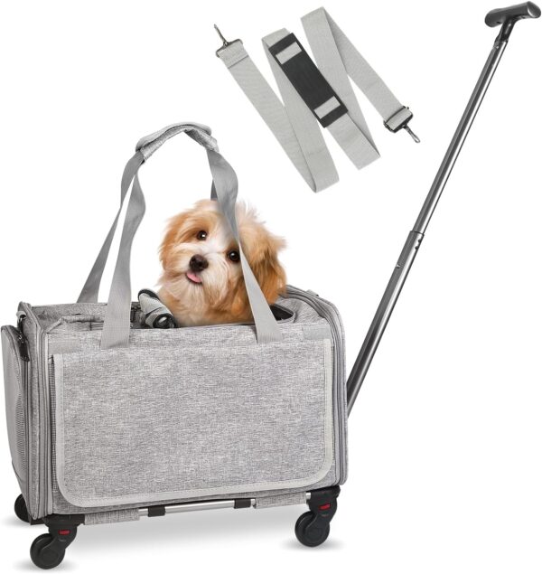 Cat Carrier with Wheels Airline Approved, Designed for Dogs & Cats with Wheels for Up to 25 LBS(Upgrade Material-Sponge Filling) with Telescoping Handle for Walking Travel Vet Visits (Grey)