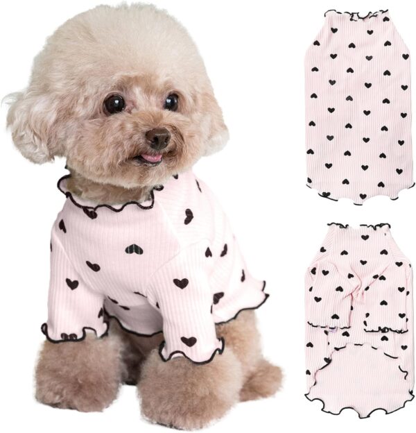 Pet Clothes for Small Dogs Cat Summer Fall Heart Print Shirt Stretchable Ruffle Long Sleeve Outfits for Chihuahua Schnauzer Shih Tzu Yorkie (Pink, Large)