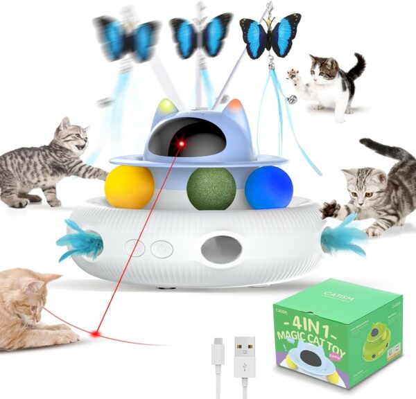 Cat Toys,4-in-1 Interactive Toy,for Indoor Bored Adult Cats & Kittens,Self Play Automatic Feather Teaser Wand,Catnip Trackball,Laser Pointer,Random Pop-Up Mole Hole,Rechargeable USB Power Blue