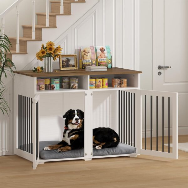 41 inch Dog Crate Furniture, Farmhouse Dog Kennel Indoor with Divider & Shelf Storage, Wooden Indoor Dog Crate for 2 dogs, Decorative Pet Crate End Table for Large Dogs, White - Image 3