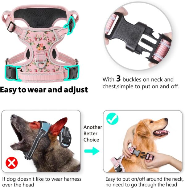 Timos No Pull Dog Harness,NO Need Go Over Dogs Head 3 Snap Buckles Reflective Oxford No Choke Puppy Harness with Front & Back 2 Metal Leash Clips Soft Padded Vest for Small Medium Large Dogs - Image 3