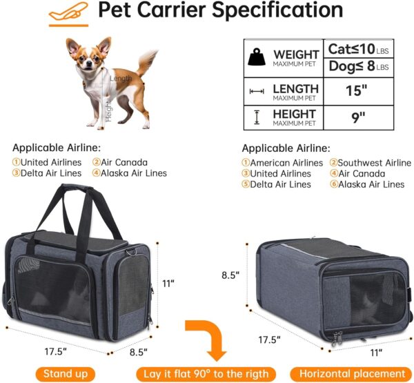 Cat Carrier Pet Travel Carrier by Airplane Approved under seat, TSA Airline Approved Soft-Sided carrier bag for cat,dogs,17.5 x 8.5 x 11 inches,Grey - Image 2