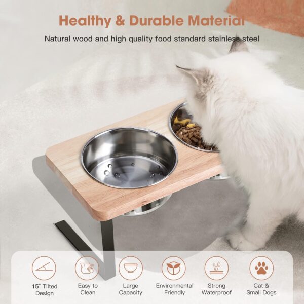 Elevated Cat Bowls, 15° Tilted Raised Cat Food Bowls Wood Pet Bowls with Stand Anti Vomiting 2 Stainless Steel Bowls for Cats and Puppy - Image 4