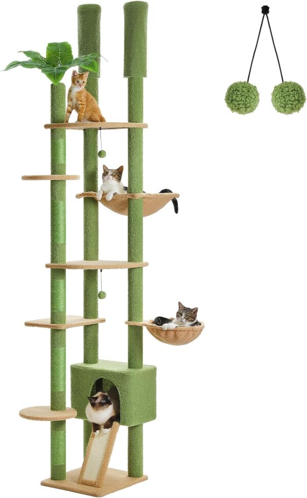 PEQULTI Tall Cat Tree, Floor to Ceiling Cat Tree Tower Adjustable [90.5''~100.4''=230~252CM] with Cat Condo, Cat Hammock and Scratching Post, Cat Climbing Tree for Indoor Large Cats, Green