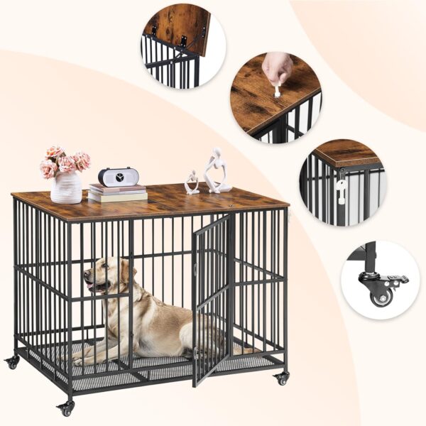 HOOBRO Heavy Duty Dog Crate, 43.3" Large Dog Kennel Furniture Indoor with Flip-Top, Indestructible Dog Crate End Side Table with Wheels, for Small/Medium/Large Dog, Rustic Brown and Black BF110GW03G1 - Image 5