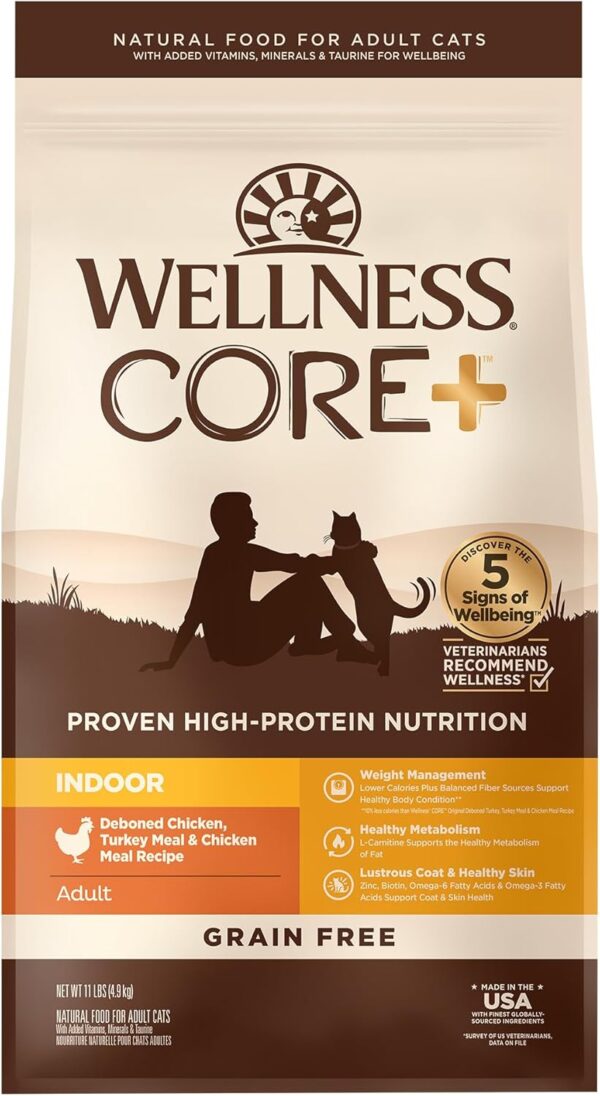 Wellness CORE+ Grain-Free High Protein Adult Dry Cat Food, Chicken, Turkey & Chicken Meal Indoor Formula Dry Cat Food, 11 Pound Bag