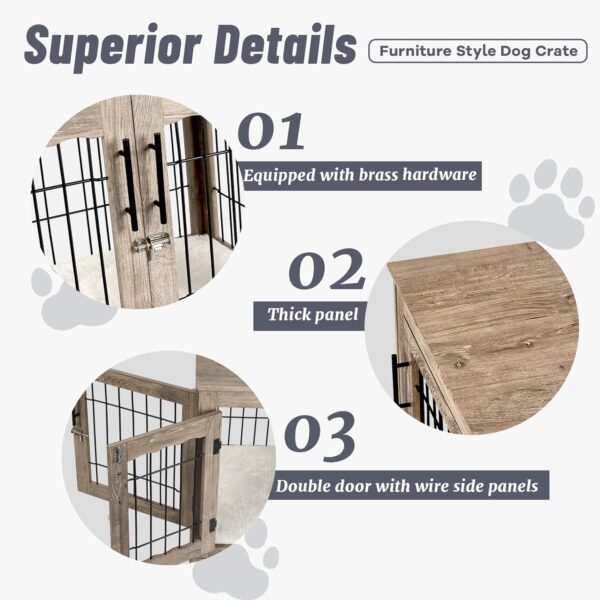 Dog Crate Furniture with Bed, Wooden Dog Kennel Furniture End Table Dog Crate with 3 Doors, Indoor Solid Wood Dog Cage - Image 4