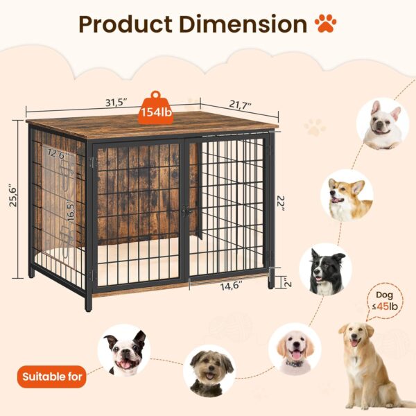 Dog Crate Furniture with Cushion, Wooden Dog Kennel with Double Doors, Heavy Duty Dog Cage for Small/Medium/Large Dogs, Indoor Dog House End Table, 31.5" L, Rustic Brown DCHR0701Z1 - Image 4