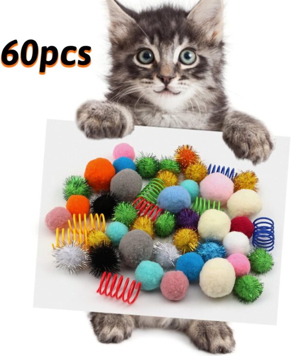 60 Packs Cat Toys Balls Set Spiral Springs Assorted, Kitten Ball Toys Assortments, Sparkle Ball, Cat Mouse Toy, Cat Crinkle Balls, Cat Springs, Furry Cat Toys Balls Soft Pom Pom Balls - Image 6