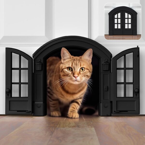 Purrfect Portal French Cat Door - Stylish No-Flap Cat Door Interior Door for Average-Sized Cats Up to 20 lbs, Easy DIY Setup, Secured Installation in Minutes, No Training Needed, 7.13 x 8.32”