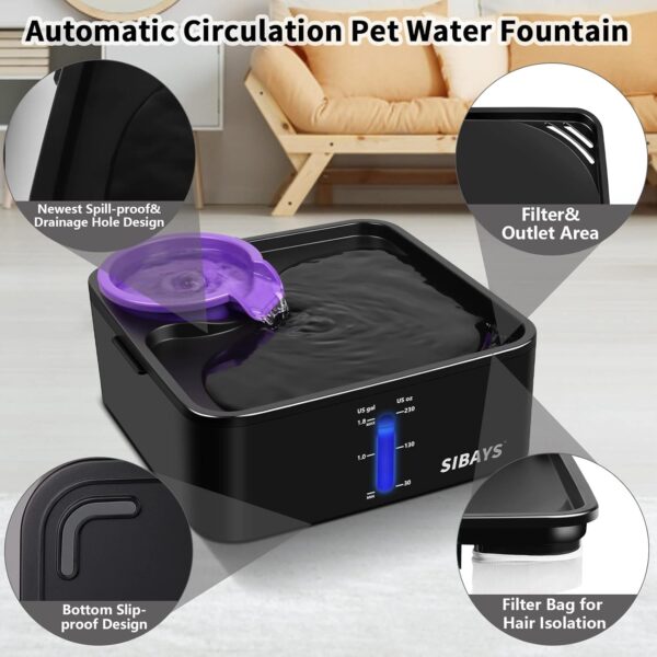 SIBAYS 230OZ 1.8GAL 7L Dog Water Fountain for Large Dogs, Medium Dogs and Cats Automaticlly Super Quiet,Pet Water Fountain for Cats,5 Layer Filter, Visible Water Reminder BPA-Free Material - Image 2